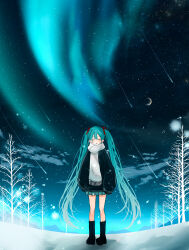  1girl absurdres aqua_hair aqua_skirt aurora bare_tree black_boots black_sky black_sweater boots closed_eyes clouds commentary crescent_moon double-parted_bangs fisheye full_body hatsune_miku highres long_hair long_sleeves meteor_shower miniskirt moon night nor_ni outdoors parted_lips pleated_skirt scarf scenery shooting_star skirt sky sky_focus sleeves_past_fingers sleeves_past_wrists snow solo standing star_(sky) starry_sky sweater symbol-only_commentary tree twintails very_long_hair vocaloid white_scarf winter 