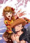  2boys :d bandaged_arm bandages black_hair brown_eyes brown_hair brown_hakama collarbone danganronpa:_trigger_happy_havoc danganronpa_(series) fang floral_print flower fujisaki_chihiro grin hair_flower hair_ornament hakama highres japanese_clothes kimono kusatakesi looking_at_viewer multicolored_hair multiple_boys oowada_mondo orange_kimono petals pompadour red_flower short_hair signature smile teeth tongue tree two-tone_hair upper_teeth_only web_address white_background 