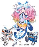 1girl bare_shoulders belt blue_eyes c3afa elbow_gloves gloves hair_ornament hobby_(c3afa) kneehighs long_hair looking_at_viewer necktie official_art open_mouth pink_hair ribbon robot shoes skirt sleeveless socks tail transparent_background twintails yoshizaki_mine