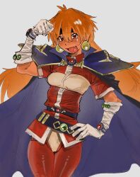  1girl armor bandeau belt black_belt black_cape black_headband boots bracelet cape chest_jewel clenched_hand cowboy_shot dark-skinned_female dark_skin earrings fang gem gloves gold_trim green_gemstone hand_on_own_hip hand_up headband highres jewelry khentaiu light_smile lina_inverse long_hair looking_at_viewer multiple_belts open_mouth orange_eyes orange_hair pants pauldrons red_gemstone red_pants red_tunic short_sleeves shoulder_armor slayers smile solo sphere_earrings tunic v-shaped_eyebrows white_boots yellow_bandeau 