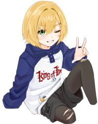  1boy aya7-nd badge black_leggings black_shorts blonde_hair blue_hood blue_sleeves button_badge clothes_writing commentary cropped_legs drawstring green_eyes hair_intakes hair_ornament hair_over_one_eye hairclip highres hood hood_down hoodie knee_up leggings long_sleeves looking_at_viewer male_focus nijisanji no_headwear no_jacket one_eye_closed parted_lips print_hoodie raglan_sleeves short_hair shorts simple_background sitting sleeves_past_wrists solo symbol-only_commentary torn_clothes torn_leggings uzuki_kou uzuki_kou_(5th_costume) v-shaped_eyebrows virtual_youtuber w white_background white_hoodie wolf_cut 