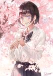  1girl artist_name black_bow black_bowtie black_hair black_skirt blush bow bowtie cherry_blossoms day earrings flower highres holding holding_flower jewelry long_sleeves original outdoors pleated_skirt pocket sakura_inu_(itoyatomo) school_uniform shirt short_hair skirt smile solo spring_(season) standing violet_eyes white_shirt 