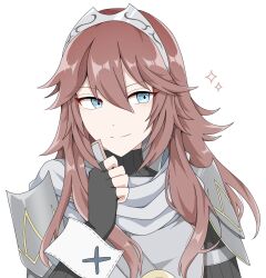  1girl armor black_gloves blue_eyes brand_of_the_exalt closed_mouth facing_viewer fingerless_gloves fire_emblem fire_emblem_awakening gloves hair_between_eyes highres long_hair long_sleeves looking_to_the_side lucina_(fire_emblem) official_alternate_color red_hair shoulder_armor smile solo super_smash_bros. symbol_in_eye tiara upper_body white_background yano_56_2 