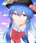  1girl black_headwear blue_hair blue_sky bow bowtie closed_mouth collared_shirt food frills fruit gradient_sky hair_between_eyes hat hat_ornament highres hinanawi_tenshi leaf long_hair looking_at_viewer notsuki_(koma128) outdoors peach pink_eyes puffy_short_sleeves puffy_sleeves purple_sky red_bow red_bowtie shirt short_sleeves sidelocks sky smile solo touhou upper_body 