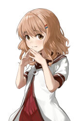  1girl absurdres blonde_hair brown_eyes brown_sailor_collar buttons cowboy_shot dress flat_chest hair_ornament hairclip hands_up highres keibi_inu looking_at_viewer nanamori_school_uniform oomuro_sakurako parallel_hairclips pleated_dress red_dress sailor_collar sailor_shirt school_uniform shirt simple_background solo triangle_hands white_background white_shirt yuruyuri 