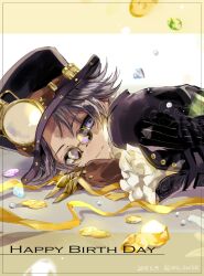  1boy black_hair black_jacket blue_eyes brown_gloves coin eric_knikki fake_claws finger_claws frilled_sleeves frills gem gloves happy_birthday hat hat_lantern identity_v jacket looking_at_viewer lying male_focus norton_campbell norton_campbell_(mr._mole) official_alternate_costume on_stomach pearl_(gemstone) pince-nez ribbon scar scar_across_eye scar_on_face smile sunglasses top_hat twitter_username yellow_ribbon 