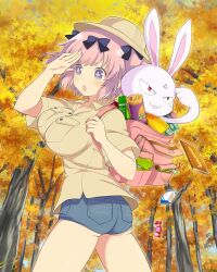  +_+ 1girl :o animal_ears ass autumn autumn_leaves backpack bag bag_of_chips blue_eyes blush bow breasts brown_hat brown_shirt candy candy_wrapper chocolate chocolate_bar claw_mark denim denim_shorts flower-shaped_pupils food forest hair_bow hat headwear_request hibari_(senran_kagura) large_breasts leaf nature ninto_(senran_kagura) non-web_source official_art pink_bag pink_hair pink_pupils plant pose_request pringles_can rabbit rabbit_ears red_eyes searching senran_kagura senran_kagura_new_wave senran_kagura_shoujo-tachi_no_shin'ei shirt short_hair short_shorts short_twintails shorts symbol-shaped_pupils tree twintails 