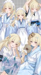  1girl alternate_costume apron black_sash blonde_hair blue_kimono blush breasts closed_eyes closed_mouth diggy_duggy_(wuthering_waves) eating enmaided floral_print floral_print_kimono food furisode grey_background grid_background hair_ornament hair_tie_in_mouth hand_fan head_rest highres holding holding_fan japanese_clothes kimono kuramoto_beta-carotene long_hair long_sleeves maid maid_headdress mask mask_on_head mochi mochi_trail mouth_hold multiple_views obi obiage obijime objectification parted_lips phoebe_(wuthering_waves) print_kimono sash sketch small_breasts smile squatting tuanshan tying_hair very_long_hair violet_eyes wa_maid white_kimono white_sash wide_sleeves wuthering_waves x_hair_ornament 