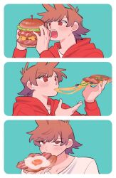  1boy animification bacon blush border bread bread_slice brown_hair burger commentary eating eddsworld egg food fried_egg fried_egg_on_toast highres holding holding_burger holding_food holding_pizza hood hood_down hoodie looking_at_viewer male_focus mjsc_10 multiple_views open_mouth pizza red_eyes red_hoodie shirt short_hair symbol-only_commentary toast tord_(eddsworld) white_border white_shirt 