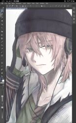  1boy 66_(roro) art_program_in_frame beanie black_gloves black_hat black_hoodie clip_studio_paint clip_studio_paint_(medium) collarbone diagonal-striped_clothes diagonal-striped_necktie empty_eyes enneholic gloves green_eyes green_shirt hair_between_eyes hand_on_headphones hashtag-only_commentary hat headphones highres hood hoodie light_frown looking_at_viewer male_focus medium_hair necktie pale_skin pink_hair pink_necktie screenshot shirt sidelocks solo striped_clothes t-shirt two-tone_hoodie upper_body vocaloid vy2 white_hoodie wolf_cut 