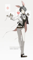 1boy absurdres ace_(playing_card) ace_of_clubs ace_of_diamonds ace_of_hearts ace_of_spades alternate_costume animal_ear_hairband animal_ears arm_behind_back asaba_harumasa bingzhen_h2o black_bow black_bowtie black_hair bow bowtie brown_shoes card club_(shape) commentary_request diamond_(shape) fake_animal_ears fake_tail gloves grey_background grin hairband heart highres holding holding_pocket_watch jacket leaning_forward looking_at_viewer male_focus one_eye_closed pants parted_bangs playing_card pocket_watch rabbit_tail shoes short_hair smile solo spade_(shape) tail watch white_gloves white_jacket white_pants yellow_eyes zenless_zone_zero 