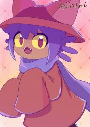  1other :3 androgynous animal_hat brown_coat brown_eyes brown_hat cat_hat check_commentary child coat colored_sclera commentary_request cowboy_shot dot_nose fangs gradient_background hat highres ja6m6 long_sleeves looking_at_viewer medium_hair niko_(oneshot) oneshot_(game) other_focus purple_hair purple_scarf scarf sleeves_past_fingers sleeves_past_wrists smile solo twitter_username yellow_sclera 