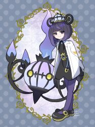  1girl belt black_dress black_hair blunt_bangs bob_cut chandelure closed_mouth coat dress fire gradient_hair gradient_pantyhose gwynn_(pokemon) hat highres long_sleeves looking_at_viewer mega_stone multicolored_hair o-ring o-ring_belt open_clothes open_coat pantyhose pokemon pokemon_(creature) pokemon_legends:_z-a purple_fire purple_hair saki_pokeoekaki short_hair smile violet_eyes white_coat yellow_eyes 