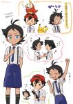  0_0 2boys :d adjusting_clothes adjusting_necktie alternate_costume antenna_hair arm_up arrow_(symbol) ash_ketchum black_hair black_socks blue_eyes blush clenched_hands closed_eyes closed_mouth collared_shirt commentary_request eyelashes fuecoco goh_(pokemon) hand_up highres knees male_focus multiple_boys necktie on_head open_mouth pikachu pokemon pokemon_(anime) pokemon_(creature) pokemon_journeys pokemon_on_head pokesumomo school_uniform shirt short_sleeves shorts smile socks sparkle suspenders teeth tongue translation_request upper_teeth_only 