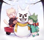  2boys :d adapted_costume aged_down all_might animal_ears bakugou_katsuki black_hood black_shirt blonde_hair blouse blurry blush bokeh boku_no_hero_academia branch brown_scarf character_snowman commentary_request depth_of_field eye_contact fangs freckles fringe_trim from_side full_body green_eyes green_footwear green_hair green_hood green_mittens green_shirt hand_up happy highres hooded_shirt leg_up long_sleeves looking_at_another male_child male_focus meltnotmelt midoriya_izuku multicolored_clothes multicolored_scarf multiple_boys open_mouth orange_mittens outdoors outstretched_arm rabbit_boy rabbit_ears rabbit_tail raised_eyebrows red_eyes red_shorts round_teeth scarf shirt short_hair shorts single_horizontal_stripe smile snowflake_print snowing snowman spiky_hair standing standing_on_one_leg striped striped_scarf tail tail_through_clothes teeth thai_commentary toy_wagon tree twitter_username upper_teeth_only v-shaped_eyebrows vertical-striped_scarf vertical_stripes white_shorts winter wolf_boy wolf_ears wolf_tail yellow_scarf 
