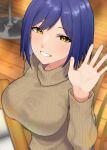  1girl blue_hair blurry blurry_background blush breasts brown_sweater chair commentary highres large_breasts long_sleeves looking_at_viewer nijisanji parted_bangs parted_lips ribbed_sweater shizuka_rin short_hair sitting smile solo sweater touki_(tsuitta) turtleneck turtleneck_sweater upper_body virtual_youtuber waving wooden_floor yellow_eyes 