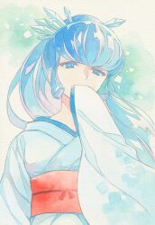  1girl agahari blue_eyes blue_hair blue_kimono commentary_request covering_own_mouth hand_up japanese_clothes kimono long_hair long_sleeves looking_at_viewer obi oyuki_(urusei_yatsura) ponytail red_sash sash sleeves_past_fingers sleeves_past_wrists solo upper_body urusei_yatsura wide_sleeves 