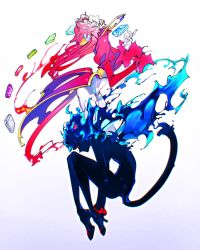  1girl animal_ears blaze_the_cat blaze_the_cat_(beta_design) blue_fire bodysuit burning_blaze cat_ears cat_girl cat_tail closed_eyes dark_persona dress dual_persona fire gold_necklace gradient_background highres humanization jewelry looking_up necklace red_dress sol_emerald solo sonic_(series) tail white_bodysuit yamika_(yamivibe_7) 