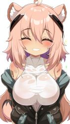  1girl absurdres ahoge animal_ear_fluff animal_ears arknights babalababa barcode barcode_tattoo bare_shoulders black_jacket blush bodysuit breasts closed_eyes commentary_request gravel_(arknights) grin highres huge_breasts jacket low-tied_medium_hair off_shoulder partially_open_jacket pink_hair simple_background sleeveless smile solo sweat tail tattoo upper_body white_background white_bodysuit 