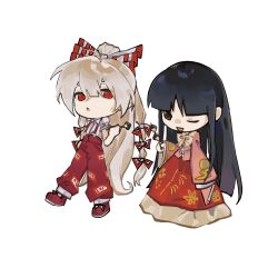  2girls baggy_pants bamboo_print belt black_hair bow bowtie brown_eyes buttons chibi chibi_only cloud_print collared_shirt floral_print food frills fujiwara_no_mokou full_body hair_between_eyes hair_bow half-closed_eye hand_on_own_hip hand_up high_ponytail highres holding holding_skewer houraisan_kaguya lei_niao3375 long_hair long_skirt long_sleeves looking_at_another moon_print multiple_girls mushroom ofuda ofuda_on_clothes one_eye_closed open_mouth pants parted_bangs pink_shirt ponytail red_eyes red_pants red_shoes red_skirt shirt shoes short_sleeves sidelocks simple_background skewer skirt smile standing standing_on_one_leg suspenders torn_clothes torn_shirt touhou very_long_hair white_background white_belt white_bow white_bowtie white_hair white_shirt wide_sleeves 
