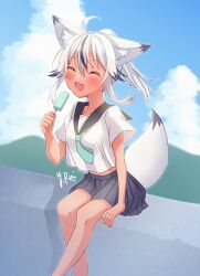  1girl :3 ^_^ absurdres ahoge animal_ear_fluff animal_ears aqua_necktie black_hair black_sailor_collar black_skirt blue_sky blush closed_eyes clouds commentary_request dark-skinned_female dark_skin feet_out_of_frame food highres holding holding_food holding_popsicle miniskirt multicolored_hair necktie open_mouth original pleated_skirt ponytail popsicle sailor_collar school_uniform serafuku shirt signature sitting skirt sky solo streaked_hair tail white_hair white_shirt yukimura_88 