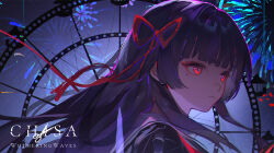  1girl aerial_fireworks black_hair character_name chinese_commentary chisa_(wuthering_waves) closed_mouth commentary_request copyright_name ferris_wheel fireworks from_side hair_ribbon highres long_hair looking_ahead moehikaru mole mole_under_eye portrait red_eyes red_petals red_ribbon ribbon solo wuthering_waves 
