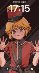  1boy against_glass bag blonde_hair brown_bag crying fake_phone_screenshot fake_screenshot hand_on_glass hat highres identity_v kepi looking_at_viewer male_focus military_hat moio3oiom red_hat red_shirt satchel shirt solo stitched_mouth stitches twitter_username victor_grantz watch watch yellow_eyes 