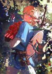  1boy absurdres apple blonde_hair blue_eyes blue_tunic bow_(weapon) earrings fingerless_gloves foliage food fruit gloves highres holding holding_food holding_fruit jewelry korok link looking_back mygiorni pointy_ears sheikah_slate shield_on_back short_ponytail smile the_legend_of_zelda the_legend_of_zelda:_breath_of_the_wild weapon 