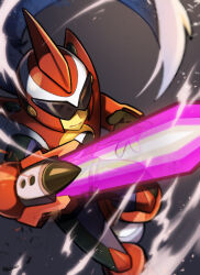  1boy black_bodysuit bodysuit commentary_request glowing glowing_sword glowing_weapon grey_background helmet light_particles male_focus mega_man_(series) mega_man_battle_network_(series) pechka prosthetic_weapon protoman.exe red_helmet smile solo sword twitter_username weapon 
