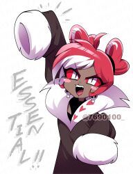  1girl :3 :d absurdres ahoge arm_up black_robe black_shirt blush_stickers clothing_cutout colored_sclera commentary_request double_bun earrings fangs fur-trimmed_robe fur-trimmed_sleeves fur_trim hair_bun halftone halftone_background hand_up hazbin_hotel heart_hair_bun hellaverse highres jewelry long_sleeves looking_ahead menattou multicolored_hair official_alternate_costume official_alternate_hair_length official_alternate_hairstyle open_mouth red_hair red_sclera robe shirt simple_background skull_earrings sleeves_past_fingers sleeves_past_wrists slit_pupils smile solo streaked_hair swept_bangs teeth tongue twitter_username two-tone_hair upper_body upper_teeth_only v-shaped_eyebrows velvette_(hazbin_hotel) white_background white_eyes white_hair 
