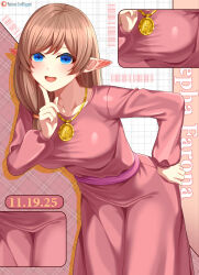  1girl :d absurdres blue_eyes blush breasts brown_hair character_name collarbone commission commissioner_upload dress drop_shadow elf hand_on_own_hip highres index_finger_raised jewelry large_breasts leaning_forward long_hair long_sleeves looking_at_viewer lori_hagami low-tied_long_hair low_side_ponytail mature_female multiple_views necklace official_art open-mouth_smile open_mouth pink_dress pointy_ears puffy_long_sleeves puffy_sleeves sash sepha_farona smile solo taut_clothes taut_dress ways_of_darkness_(series) 