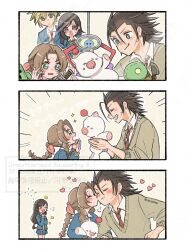  2boys 2girls aerith_gainsborough arcade black_hair blonde_hair blue_eyes blue_jacket blue_skirt blush braid braided_ponytail brown_hair buster_sword character_doll closed_mouth cloud_strife collared_shirt commentary_request couple crane_game cross_scar doll earrings emphasis_lines final_fantasy final_fantasy_vii flower green_eyes grin hair_ribbon heart hetero holding holding_doll jacket jewelry kiss kissing_cheek long_hair looking_at_another loose_necktie low-tied_long_hair miniskirt moogle multiple_boys multiple_girls necktie noi_(noi28224) notice_lines open_mouth parted_bangs pink_ribbon pleated_skirt ponytail puff_of_air red_eyes red_necktie ribbon sabotender scar scar_on_cheek scar_on_face school_uniform shirt short_hair skirt smile sparkle stud_earrings stuffed_toy sweatdrop sweater tifa_lockhart tonberry tongue tongue_out twitter_username upper_body white_shirt zack_fair 