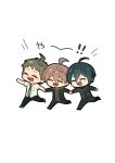  ! !! 3boys :d ahoge black_hair black_jacket black_pants brown_hair cheeseko chibi closed_eyes collared_shirt danganronpa:_trigger_happy_havoc danganronpa_(series) danganronpa_2:_goodbye_despair danganronpa_v3:_killing_harmony full_body green_necktie grey_background happy hinata_hajime holding_hands jacket multiple_boys naegi_makoto necktie open_clothes open_jacket pants running saihara_shuuichi shirt short_hair simple_background smile standing striped striped_jacket striped_pants teeth translation_request upper_teeth_only white_shirt 