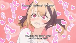  1girl blush brown_hair derivative_work english_text eyelashes fake_screenshot furrowed_brow gigi_murin heart heart_background highres hololive hololive_english multicolored_hair parted_lips pink_background pink_eyes scene_reference screenshot_redraw sharp_teeth shirt short_hair soda_pop3423 sono_bisque_doll_wa_koi_wo_suru subtitled teeth twintails two-tone_hair upper_body virtual_youtuber white_shirt 