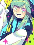  1boy aqua_hair blue_eyes blush drooling ecolo_(puyopuyo) eyes_visible_through_hair gloves hand_on_own_knee heart heart-shaped_pupils knees_up long_hair looking_at_viewer lower_teeth_only male_focus mismatched_pupils mouth_drool multicolored_eyes neon_palette open_mouth pantyhose pink_eyes pink_pupils puyopuyo romper sidelocks sitting solo sparkle star-shaped_pupils star_(symbol) strange_ecolo symbol-shaped_pupils teeth turtleneck white_gloves white_pantyhose yellow_background yellow_pupils yuzuyuki 