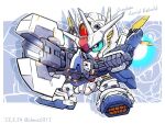  beam_cannon blue_eyes character_name chibi colored_sclera commentary dated english_text exhaust full_body green_sclera gun gundam gundam_aerial_rebuild gundam_suisei_no_majo holding holding_gun holding_weapon mecha mobile_suit robot sd_gundam shokkaa_(shmz61312) solo thrusters twitter_username weapon 