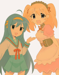  2girls 666trag ahoge apron asahina_mikuru asahina_mikuru_(cosplay) blonde_hair blue_eyes blue_hair blue_sailor_collar blue_skirt cosplay dress green_eyes highres izumi_konata kita_high_school_uniform long_hair lucky_star maid maid_apron maid_headdress mole mole_under_eye multiple_girls patricia_martin pink_dress sailor_collar school_uniform short_twintails skirt suzumiya_haruhi suzumiya_haruhi_(cosplay) suzumiya_haruhi_no_yuuutsu twintails 