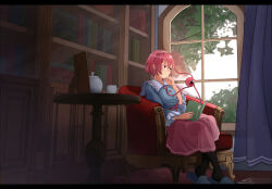  1girl black_pantyhose blue_shirt blue_slippers book bookshelf carpet chair closed_mouth collared_shirt contrast_collar cup curtains frilled_cuffs frilled_shirt frilled_shirt_collar frills furahata_gen hairband heart highres holding holding_book indoors komeiji_satori light_rays long_sleeves mirror pantyhose pink_hair pink_hairband pink_skirt reading shirt short_hair sitting skirt slippers solo table teacup teapot third_eye touhou tree window 
