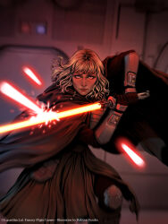  1girl artist_name blonde_hair brown_robe energy_sword english_text holding holding_sword holding_weapon laser lightsaber looking_at_viewer red_lightsaber robe robynn_frauhn shin_hati solo spacecraft_interior star_wars star_wars:_ahsoka sword weapon 