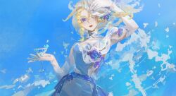  1girl absurdres blonde_hair blue_dress blue_eyes blue_theme cup demi_bourbon demi_bourbon_(passage_of_the_rose) dress drill_hair elbow_gloves eye_mask floating_clothes floating_hair gaozhouyong gloves highres holding holding_cup holding_mask identity_v looking_at_viewer mask mole mole_on_cheek official_alternate_costume red_lips solo unworn_mask upper_body white_gloves 