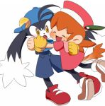  1boy 1girl animal_ears blue_headwear blue_shorts blush closed_eyes crying dress furry furry_female furry_male gloves kaze_no_klonoa klonoa koke_ojisan lolo_(klonoa) lowres monkey_ears monkey_tail pac-man pink_dress pink_headwear shorts simple_background tail white_background yellow_eyes yellow_gloves 