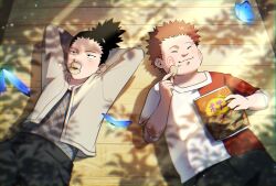 2boys akimichi_chouji bag_of_chips bagyuli271 black_eyes black_hair brown_hair bug butterfly chips_(food) closed_mouth food food_in_mouth food_on_face jacket long_sleeves lying male_focus multiple_boys nara_shikamaru naruto_(classic) naruto_(series) on_back open_clothes open_jacket potato_chips red_shirt shirt short_hair short_sleeves split-color_clothes two-tone_shirt white_shirt 