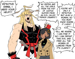  1boy 1girl ahoge black_hair blonde_hair clenched_hand closed_eyes coat dark-skinned_female dark_skin emma_(pokemon) english_text fingerless_gloves gloves hair_ornament hairclip ivor_(pokemon) long_hair mole mole_under_mouth muscular muscular_male open_mouth pokemon pokemon_legends:_z-a red_eyes red_gloves sweatdrop tank_top trench_coat upper_body wanderjegson 