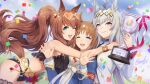  3girls ahoge alternate_costume animal_ears blue_eyes blurry blurry_background breasts brown_hair commentary_request commission confetti dated eyewear_on_head grass_wonder_(umamusume) grey_hair hair_ornament headband highres holding_trophy horse_ears horse_girl horse_tail large_breasts looking_at_viewer maruzensky_(blasting_off_summer_night)_(umamusume) maruzensky_(umamusume) multiple_girls navel oguri_cap_(umamusume) one_eye_closed open_mouth ponytail shinmai_(kyata) skeb_commission sky tail tracen_swimsuit umamusume 