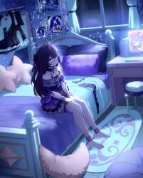  1girl absurdres ankle_cuffs artist_request barefoot bed bedroom black_collar bound bound_ankles bow bowtie chinese_commentary closed_mouth collar commentary_request commission cool_colored cuffs curtains desk detached_collar dress from_side full_body handcuffs headboard highres indoors monitor night off-shoulder_dress off_shoulder on_bed original parted_bangs picture_frame purple_bow purple_bowtie purple_dress purple_hair raised_inner_eyebrows restrained rug second-party_source short_sleeves sitting solo star-shaped_pillow star_(symbol) stool thigh_strap tiara tied_up_(nonsexual) unworn_clothes violet_eyes window 