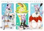  1girl anbutter_siruko animal_ears aqua_bow barefoot blush boots bow brand-new_friend_(umamusume) bread cake closed_mouth dated food fruit gloves happy_birthday hat high_heel_boots high_heels highres holding holding_spoon horse_ears horse_girl horse_tail knee_boots light_purple_hair long_hair long_sleeves mejiro_mcqueen_(end_of_sky)_(umamusume) mejiro_mcqueen_(ripple_fairlady)_(umamusume) mejiro_mcqueen_(umamusume) melon mini_hat mini_top_hat multiple_views navel open_mouth oversized_object parfait short_sleeves smile spoon strawberry_shortcake super_smashing_summer_vacation_(umamusume) tail top_hat twitter_username umamusume violet_eyes white_footwear white_gloves white_headwear 