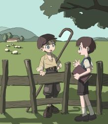  2boys animal aoomuke belt blue_eyes blue_sky blue_vest book brown_hair child collared_shirt fence grass highres holding holding_book house multiple_boys original rural sheep shepherd's_crook shirt short_hair sky sleeves_rolled_up tree vest wooden_fence 