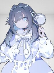  1girl absurdres black_hair blue_cape blue_dress blue_eyes blue_hair bow cape closed_mouth colored_inner_hair dress frilled_cape frilled_dress frills grey_background hair_intakes hair_ribbon highres holding holding_magnifying_glass indie_virtual_youtuber littlelittle_xx long_hair long_sleeves magnifying_glass mole mole_under_eye multicolored_hair official_art one_eye_closed pendant_choker puffy_long_sleeves puffy_sleeves ribbon second-party_source sidelocks simple_background solo swept_bangs tantei_hatena white_bow white_ribbon 