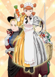  3girls apron black_cape black_hat black_ribbon black_shoes blonde_hair blue_eyes brown_hair cape carrot closed_mouth commentary_request dress eye_mask finger_to_mouth folded_fan folding_fan frown full_body gloves gold_dress gold_hair_tie grey_gloves hair_ornament hair_tie hairclip hand_fan hat helmet highres holding holding_carrot holding_fan holding_mask holding_sword holding_weapon juliet_sleeves kaitou_sentai_lupinranger_vs._keisatsu_sentai_patranger knight lipstick long_sleeves looking_at_viewer maid maid_headdress makeup mask multicolored_dress multiple_girls one_eye_closed original outer_glow pants personification pink_lips puffy_sleeves quad_tails red_dress red_eyes red_mask red_pants ribbon serious shield shoes silver_dress smile sparkle split-color_clothes super_sentai sword ueyama_michirou unworn_mask visor_(armor) weapon white_apron yellow_eyes 