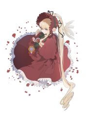 1girl absurdres blonde_hair blue_eyes braid commentary_request cup full_body highres holding holding_cup holding_saucer long_hair morgue_(southsakura) red_headdress red_petals rozen_maiden saucer shinku single_braid solo tea teacup white_background 